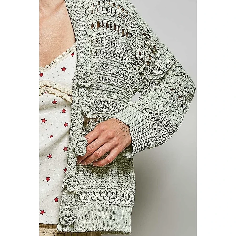 POL‎ Open-Knit Floral Button Cardigan - Medium